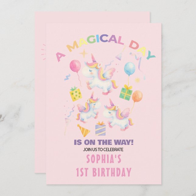 Une licorne magique Invitation d'anniversaire (Devant / Derrière)