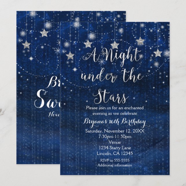 Une nuit sous les étoiles Silver & Blue Invitation (Devant / Derrière)