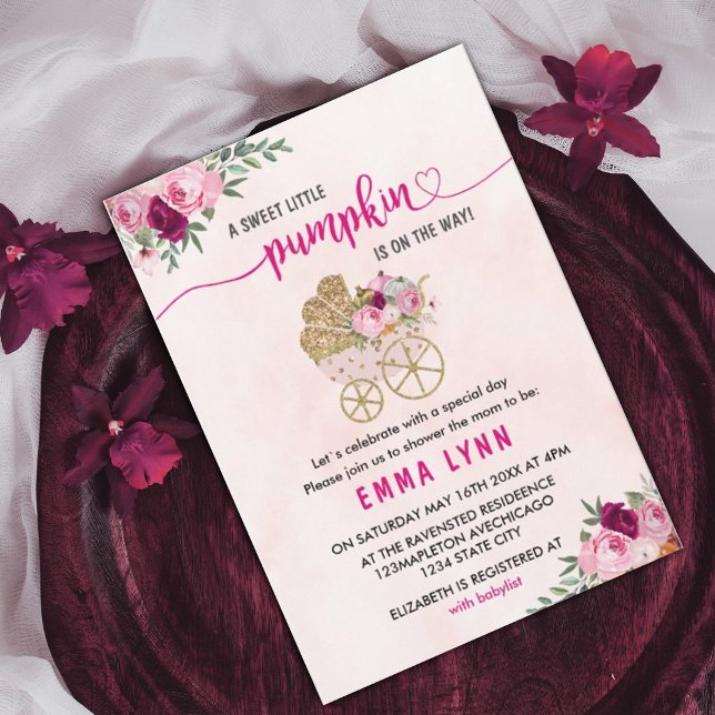 Une Petite Citrouille Invitation Baby shower fille (#zazzlemade #pumpkin #fall #babyshower)