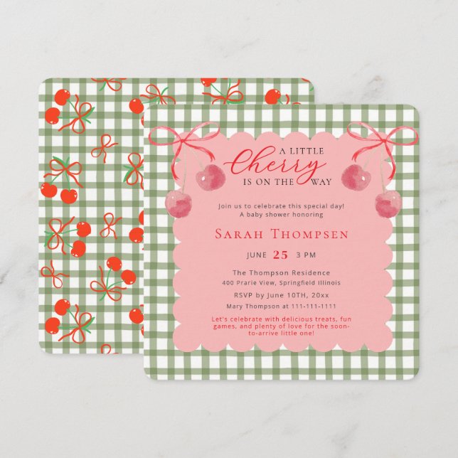 Une petite invitation au Baby shower cerise (Devant / Derrière)