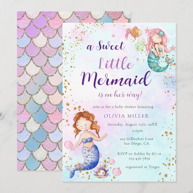Une Petite Invitation De Baby shower De Sirène (Devant / Derrière)