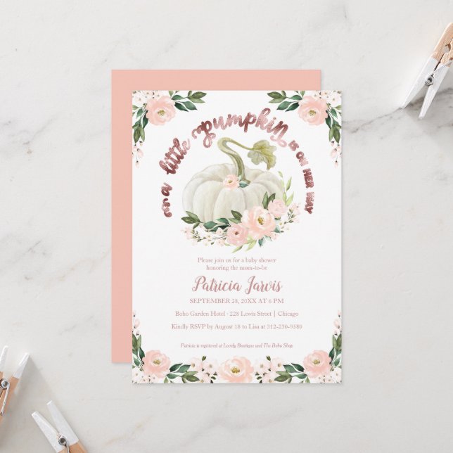 Une Petite Invitation De Baby shower Floral Citrou (Devant/Arrière en situation)