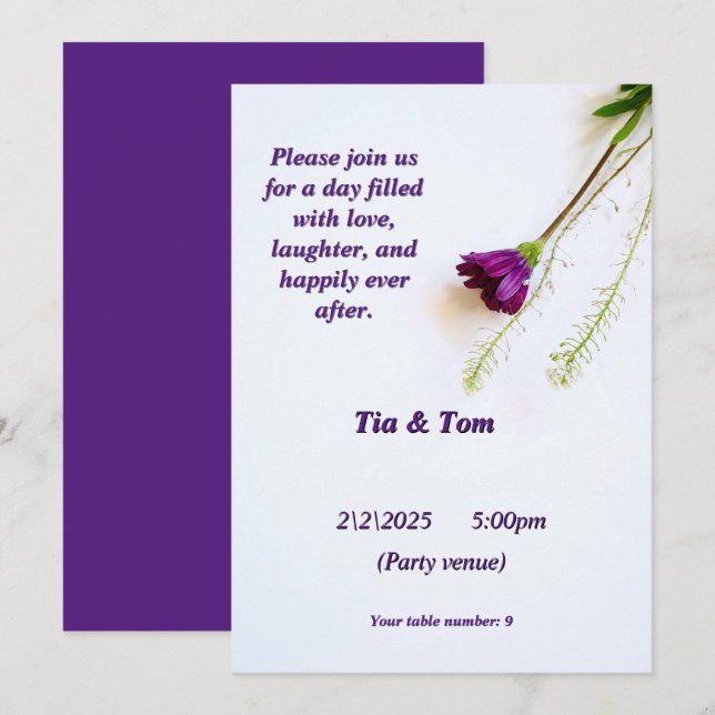 Une simple invitation en blanc et violet (Devant / Derrière)