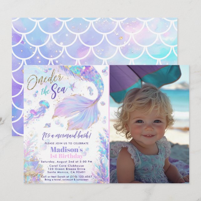 Une Sirène de mer Photo Anniversaire Invitation (Devant / Derrière)