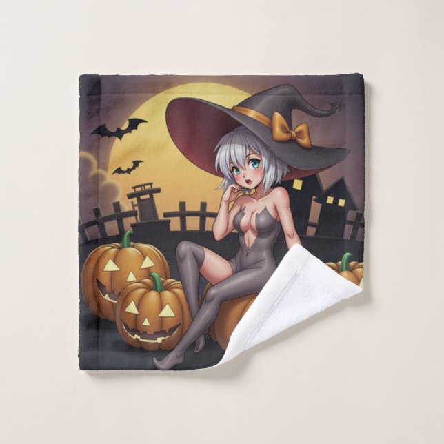 Une sorcière d'Halloween aux yeux verts sur Jack-O (Gant de toilette)