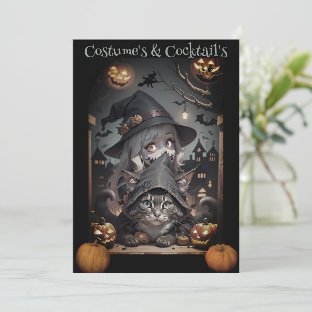 Une sorcière et son chat Invitation de la fête d'H (Debout devant)