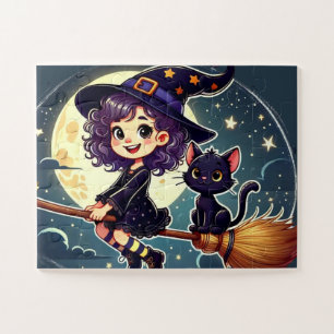 Une sorcière et un chat sur un puzzle de balai