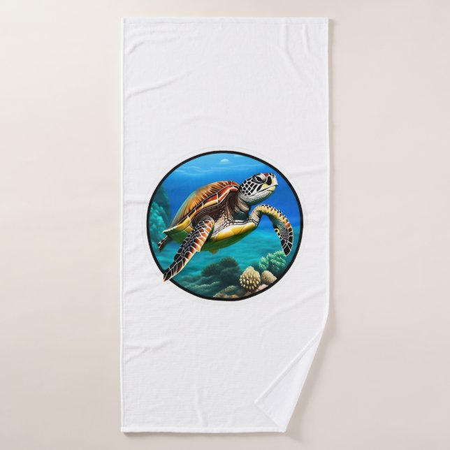 Une tortue de mer conviviale nageant dans l'océan (Serviette de bain)
