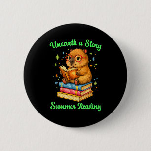 Unearth a story capybara reading books summer 2 inch round button