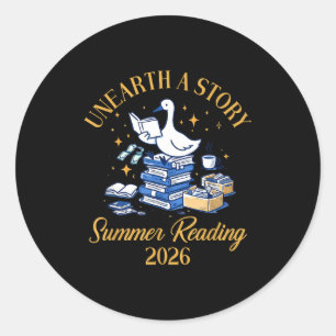 Unearth a story goose reading a book summer classic round sticker