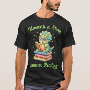 Unearth a story triceratops dinosaur reading books T-Shirt