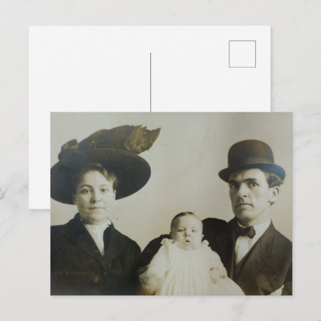 Uneasy Daddy in Bowler Family RPPC B&W Photo Image Postcard (Front/Back)