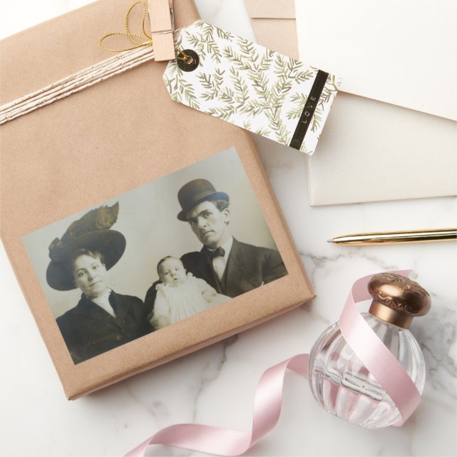 Uneasy Daddy in Bowler Family RPPC B&W Photo Image Sticker (Gifting)