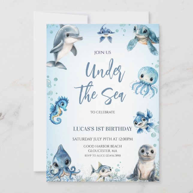 Uneder the Sea Ocean Blue Boy 1st Birthday Invitation (Front)