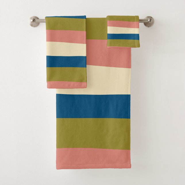 Uneven Stripes - Blue, Olive Green, Pink and Cream Bath Towel Set (Insitu)