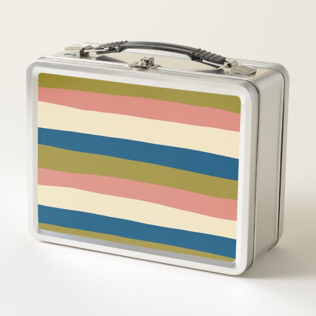 Uneven Stripes - Blue, Olive Green, Pink and Cream Metal Lunch Box (Front)