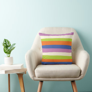 Uneven Stripes - Blue, Orange, Purple, Green, and Throw Pillow