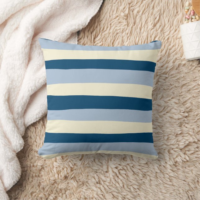 Uneven Stripes - Dark Blue, Light Blue and Cream Throw Pillow (Blanket)
