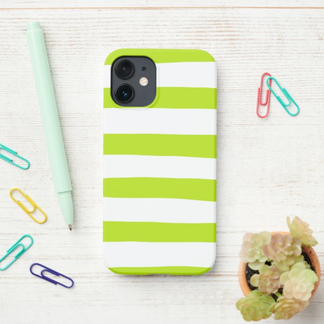 Uneven Stripes in Lime Green and White iPhone Case (On Desk)