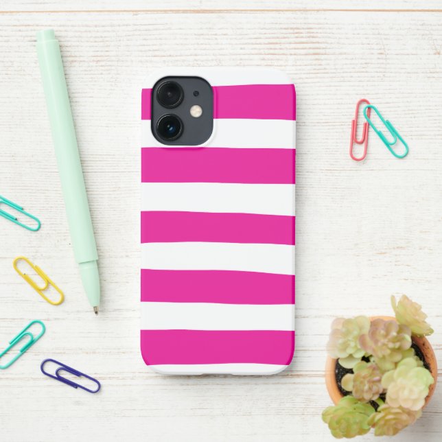 Uneven Stripes in Magenta and White  iPhone Case (On Desk)