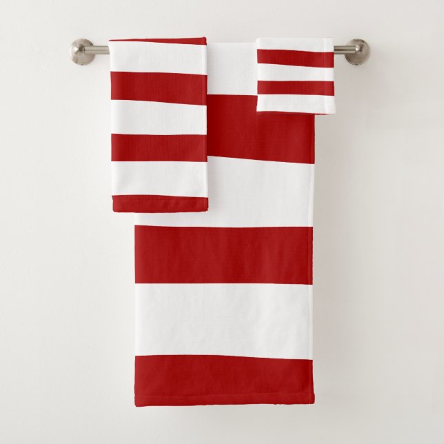Uneven Stripes in Red and White Bath Towel Set (Insitu)