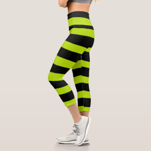 Uneven Stripes - Lime Green and Black Capri Leggings