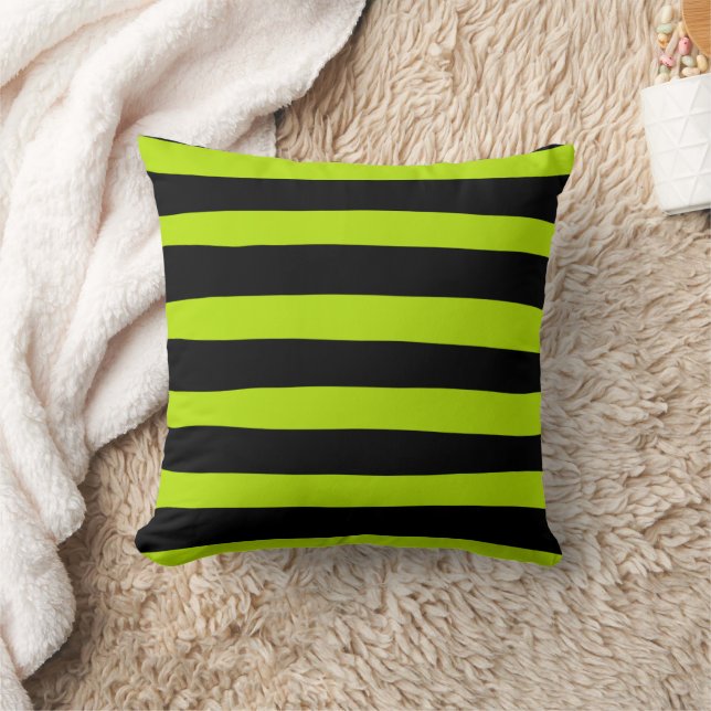 Uneven Stripes - Lime Green and Black Throw Pillow (Blanket)