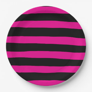 Uneven Stripes - Magenta and Black Paper Plate