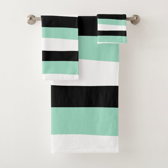Uneven Stripes - Mint Green, White and Black Bath Towel Set (Insitu)