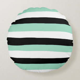 Uneven Stripes - Mint Green, White and Black Round Pillow