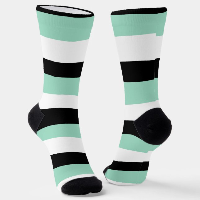 Uneven Stripes - Mint Green, White and Black Socks (Angled)