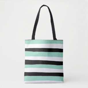Uneven Stripes - Mint Green, White and Black Tote Bag
