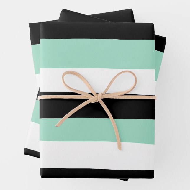 Uneven Stripes - Mint Green, White and Black Wrapping Paper Sheet (In situ)