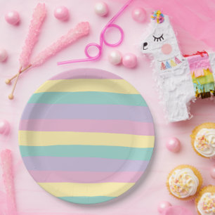 Uneven Stripes-Pastel Pink, Yellow, Purple & Green Paper Plate