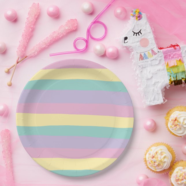 Uneven Stripes-Pastel Pink, Yellow, Purple & Green Paper Plate (Party)