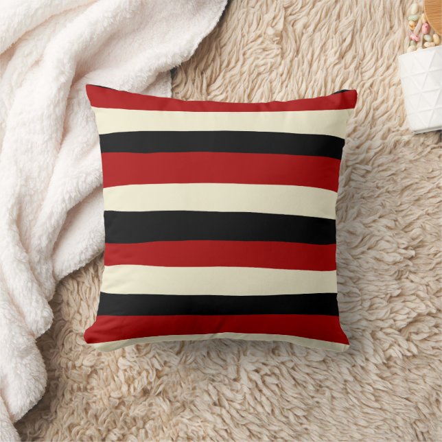 Uneven Stripes - Red and Cream Throw Pillow (Blanket)