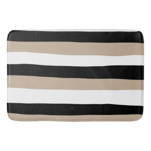 Uneven Stripes - Taupe, Black and White Bath Mat
