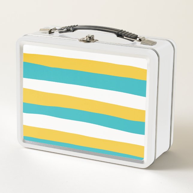 Uneven Stripes - Turquoise and Yellow Metal Lunch Box (Front)
