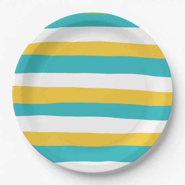 Uneven Stripes - Turquoise and Yellow Paper Plate (Front)