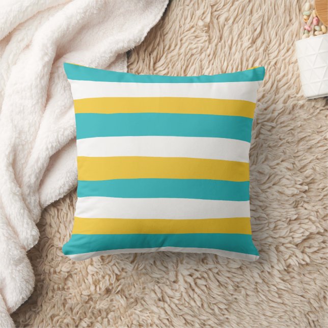 Uneven Stripes - Turquoise and Yellow Throw Pillow (Blanket)