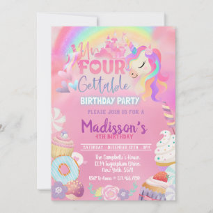 Unfourgettable Unicorn Doughnut Sweet 4th Birthday Invitation