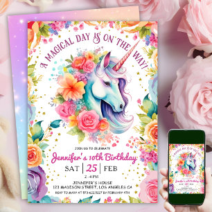 Unicorn 10th Birthday Floral Rainbow and Stars Invitation