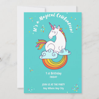 Unicorn 1 ST Birthday Gold Teal Pink Purple Invitation