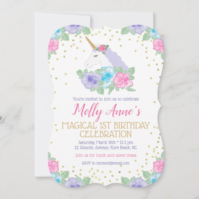 Unicorn 1er anniversaire Invitation en rose et or (Devant)