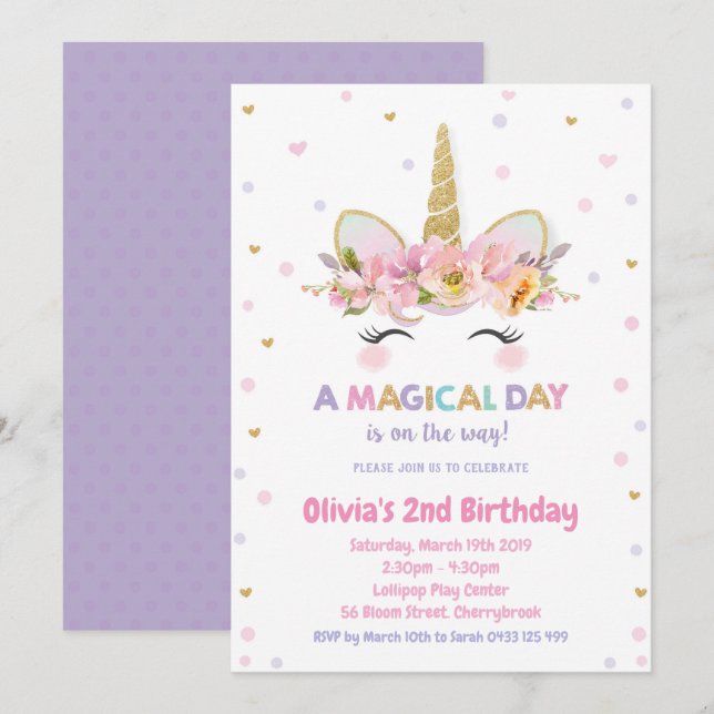 Unicorn 1er anniversaire Invitation Girls Gold Par (Devant / Derrière)