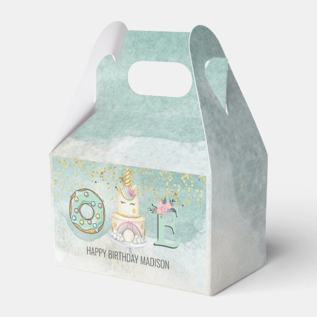 Unicorn 1st Birthday Gold Aqua Pink  Favor Box (Front Side)