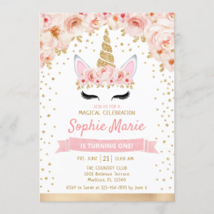 Unicorn 1st Birthday - Gold Pink Invitation