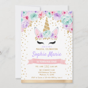 Unicorn 1st Birthday - Gold Teal Pink Purple Invitation