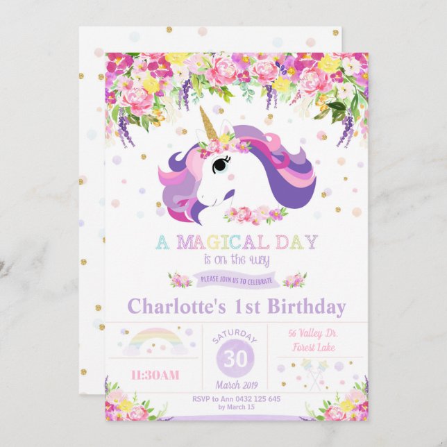 Unicorn 1st Birthday Invitation Floral Rainbow (Front/Back)