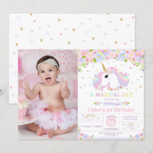 Unicorn 1st Birthday Invitation Floral Rainbow